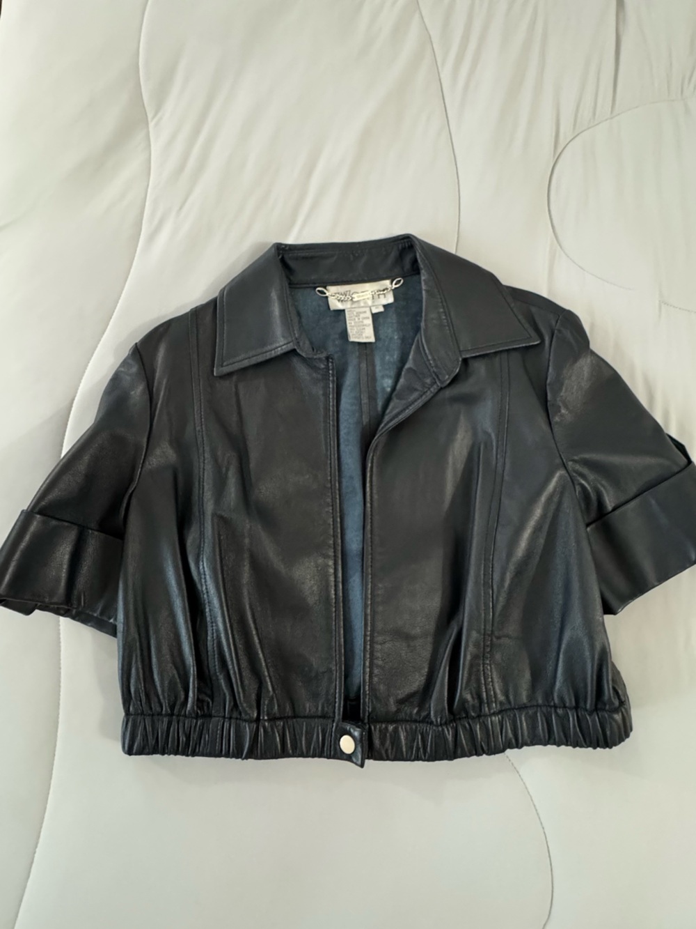 Worth Black Short-Sleeve Leather Zip-Front Jacket